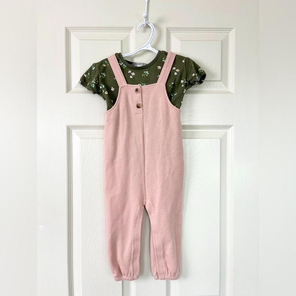 Old Navy Knit Pink Kids Overalls & Carters Green Floral Ruffle Top - Picture 1 of 2